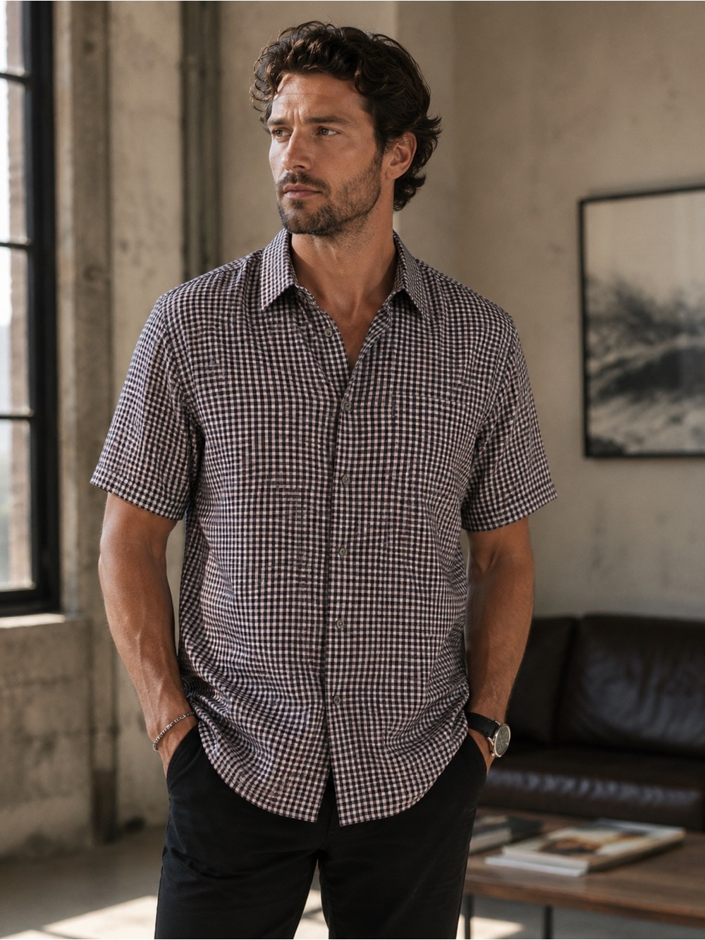 John Varvatos Black Pink Micro Check Short Sleeve Button Down Shirt Men's